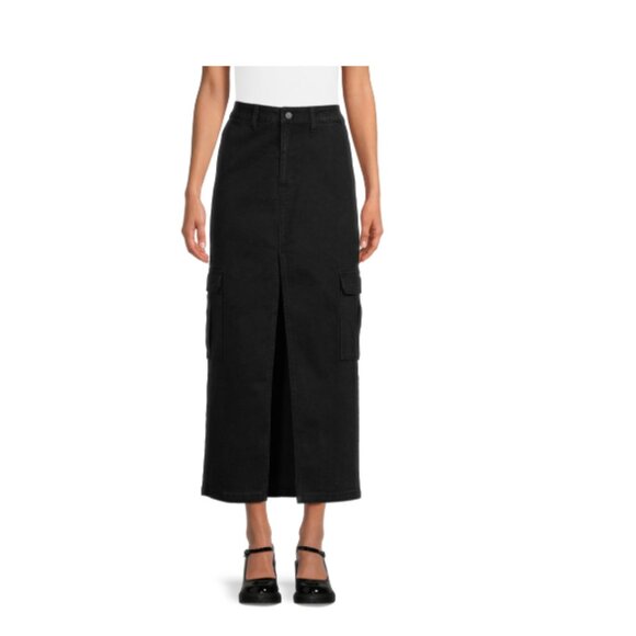 NWT No Boundaries Juniors Black Denim Front Slit Cargo Maxi Skirt Size 11 - Picture 1 of 16